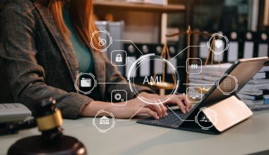 AML Anti Money Laundering Financial Bank Business Concept. female judge in a courtroom using tablet with AML anti money laundering icon on virtual  screen.