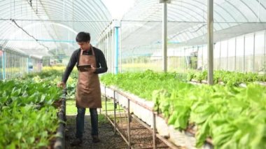  Çiftçi, seradaki bitkileri dijital tabletle inceliyor..