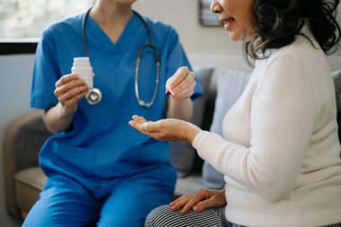 Psychology, depression. Suffering asian old woman, consulting with  doctor while patient counseling mental problem. Encouraging, therapy, health care