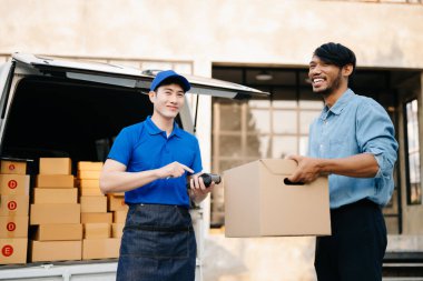 Express Delivery Service. Courier Delivering Package to man, Delivery service, delivery home and shipping