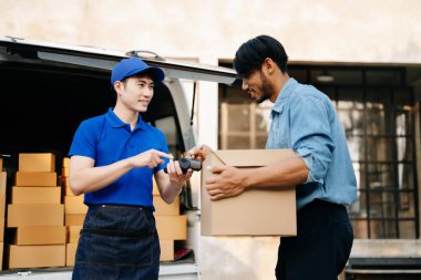 Express Delivery Service. Courier Delivering Package to man . Delivery service, delivery home and shipping