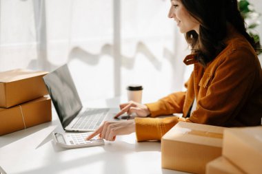 Başlangıçta küçük işletme KOBİ 'si, tablet bilgisayar kullanan girişimci kadın ürün kutularını hazırlamak için online alışveriş siparişlerini alır ve kontrol eder. ev ofisinde.