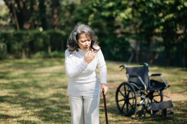 Asian old woman with wheelchair outdoors in the park Have pain in the arm