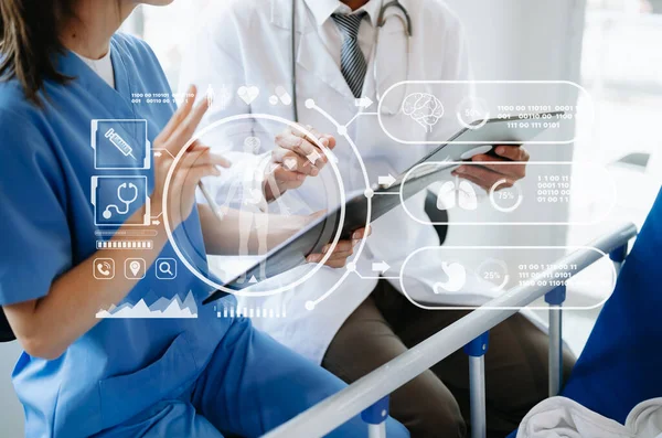 health care business graph data and growth, Medical examination and doctors analyzing medical report network connection on tablet screen. in hospital