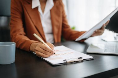 Ofiste dizüstü bilgisayarda çalışan iş kadını ya da muhasebeciye yakın çekim