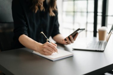businesswoman  working with notepad, laptop and phone at morning light