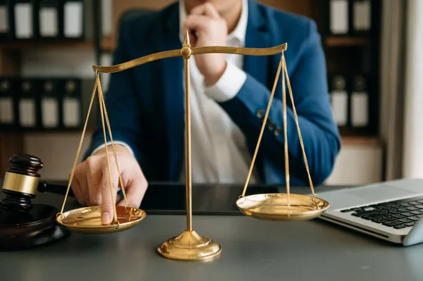 Male Lawyer Office Brass Scale Wooden Table Justice Law Concept — Stockfoto