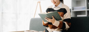 Genç Asyalı kadın iş fikri için not yazıyor. Günlük defterine. Oturma odasındaki kanepede.