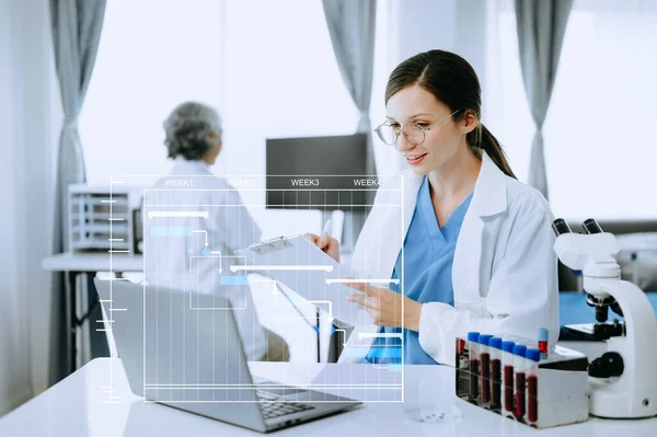 Project Manager Working Update Tasks Gantt Chart Scheduling Diagram Hospital — Stock Photo, Image