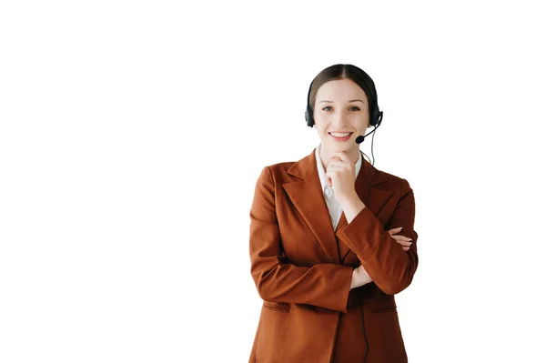 Serious Call Center Operator Wireless Headset Talking Customer — Stock Photo, Image