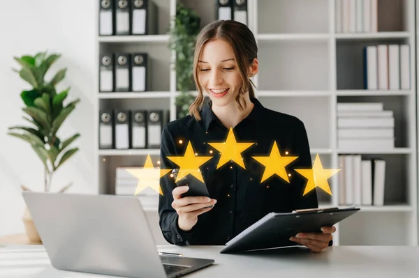 Customer or client the stars to complete five stars. with copy space. giving a five star rating. Service rating, satisfaction concept