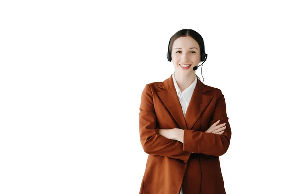 Serious Call Center Operator Wireless Headset Talking Customer Woman Headphones — Stock Photo, Image