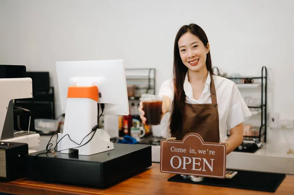 Small Business Owner Asian Woman Cafe Female Barista Coffeeshop Owner — Stock Photo, Image