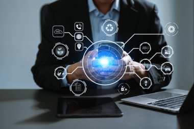 İkonlarla karbondioksit kavramını azaltmaya çalışan iş adamı, reformasyon yeşili fabrika geri dönüşümü gibi küresel ısınma ve sanal ikon ile sıfır karbondioksit emisyonu kavramı