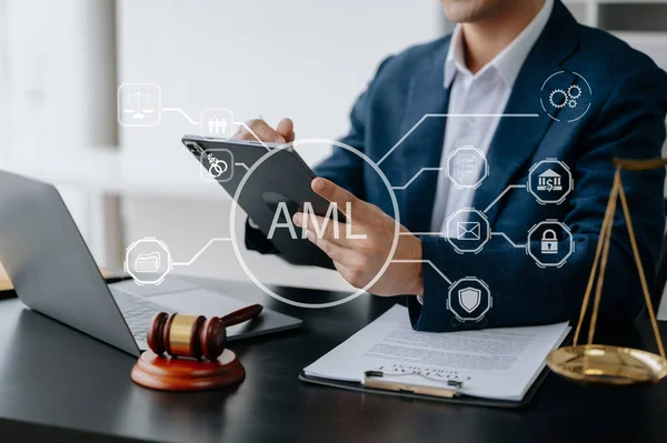 AML Anti Money Laundering Financial Bank Business Concept. judge in a courtroom using tablet. AML anti money laundering icon