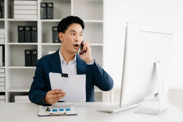 Young Asian Businessman Working Documents Modern Office Tax Report Accounting — Stock Photo, Image
