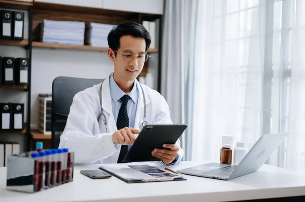 stock image Medical technology concept. Doctor working with tablet pc in modern office