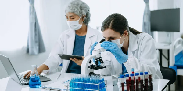 stock image Two scientists or medical technicians working, having a medical discuss in the laboratory with online reading, test samples and innovation