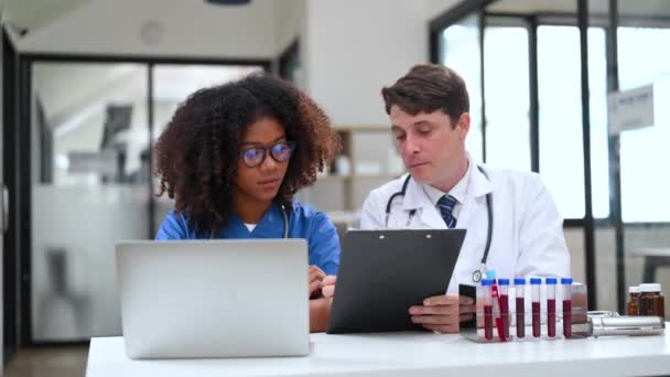 Modern Medical Research Laboratory Portrait Two Scientists Working Using Laptop — Stock Video