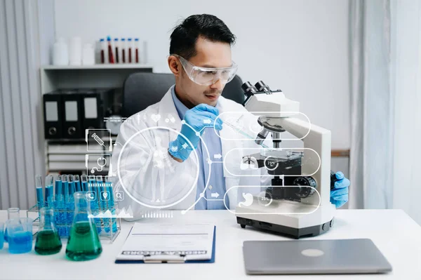 Doctor Working Microscope Test Tubes Laboratory — Stock Photo, Image