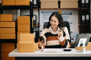 Küçük işletme KOBİ 'si kurun. Akıllı telefon kullanan Asyalı kadın paket ürün kutusu hazırlamak için online alışveriş siparişlerini alıyor ve kontrol ediyor.