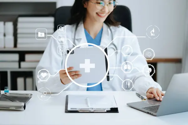 health care business graph data and growth, Medical examination and doctor analyzing medical report network connection on tablet screen in hospital