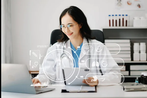 health care business graph data and growth, Medical examination and doctor analyzing medical report network connection on tablet screen in hospital