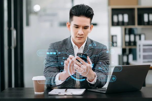 Man using chat bot in smartphone intelligence Ai. Chat with AI Artificial Intelligence, developed by OpenAI generate. robot in online system in office