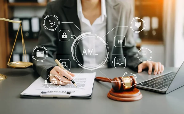 AML Anti Money Laundering Financial Bank Business Concept. judge in a courtroom using laptop. AML anti money laundering icon