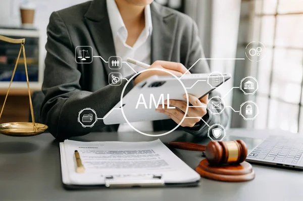 AML Anti Money Laundering Financial Bank Business Concept. judge in a courtroom using tablet. AML anti money laundering icon