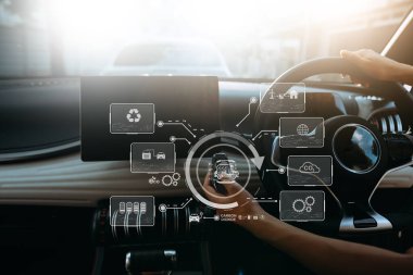 Enerji EV araba konsepti. Gelecekçi hibrit araç şarj pili elektrikli. Modern araba iç dekorasyonu.