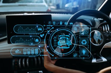 Enerji EV araba konsepti. Gelecekçi hibrit araç şarj pili elektrikli. Modern araba iç dekorasyonu.