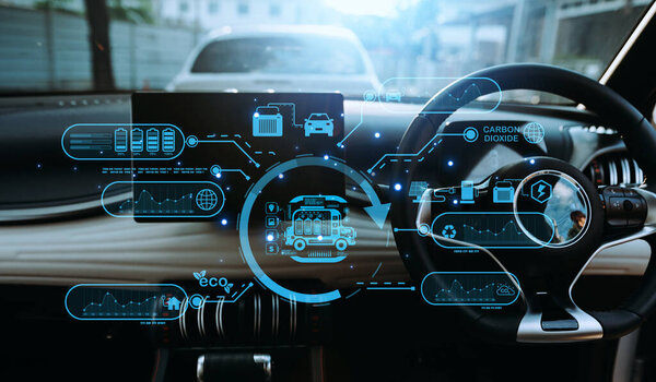 Концепция электромобилей. Футуристический гибридный автомобиль заряжает аккумулятор. Современные детали салона автомобиля.