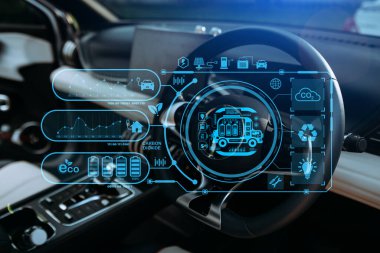 Enerji EV araba konsepti. Gelecekçi hibrit araç şarj pili elektrikli. Modern araba iç dekorasyonu.