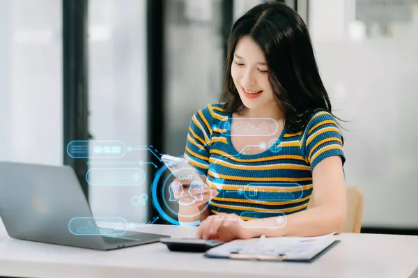 Businesswoman using chatbot on digital device, smart intelligence Ai.Chat with AI Artificial Intelligence, developed by Open AI generate. Futuristic technology, robot in online system
