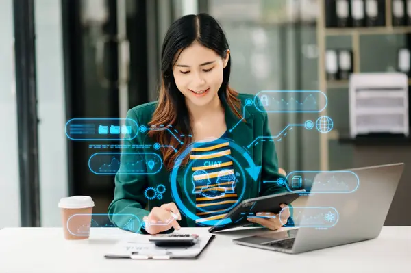 Woman using chatbot in computer and tablet  smart intelligence Ai.Chat with AI Artificial Intelligence, developed by OpenAI generate. Futuristic technology, robot in online system