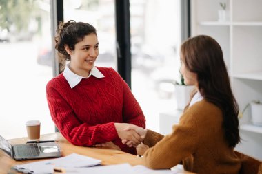 Takım toplantısına liderlik eden iş kadını ve birlikte çalışma ofisinde mali durumu olan dizüstü bilgisayarı kullanmak