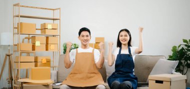 Küçük işletmeler kurmak KOBİ sahipleri, iki kontrol, çevrimiçi siparişler ev ofisinde serbest çalışan ürünler satmak, pazarlama, paketleme, evdeki kanepede konsept