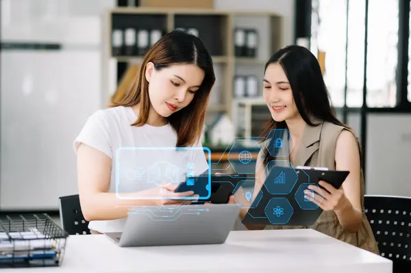 Women using chat bot in  tablet intelligence Ai. Chat with AI Artificial Intelligence, developed by Open AI generate. robot in online system. in modern office