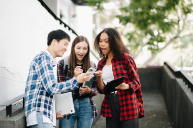 Öğrenciler kampüs parkını inceliyor. Gençler birlikte akıllı telefonlara bakarak vakit geçiriyorlar. 