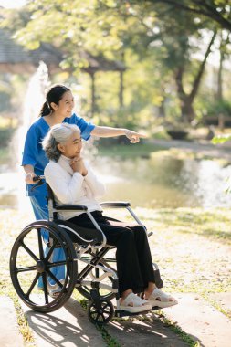 Asyalı yaşlı, yaşlı, yaşlı, tekerlekli sandalyede, Asyalı, dikkatli bir bakıcı ve bahçede hastaları cesaretlendiren bir kadın. Bakıcının ve kıdemli sağlık sigortasının dikkatine.