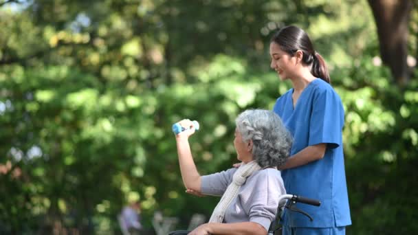Ung Asiatisk Kvinnlig Läkare Hjälper Äldre Kvinna Rullstol Att Träna — Stockvideo