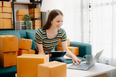 Başlangıçta küçük işletme KOBİ 'si, dizüstü bilgisayarı kullanan girişimci kadın paket ürün kutusu hazırlamak için online alışveriş siparişini alıp kontrol ediyor. 