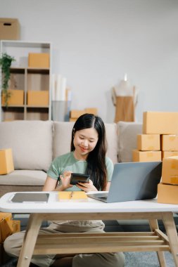 Başlangıçta küçük işletme KOBİ 'si, dizüstü bilgisayar kullanan girişimci sahibi, paket ürün kutusu hazırlamak için çevrimiçi alışveriş siparişi alan ve kontrol eden.