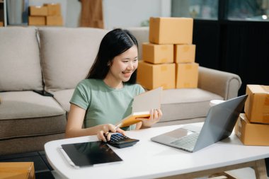 Başlangıçta küçük işletme KOBİ 'si, dizüstü bilgisayar kullanan girişimci sahibi, paket ürün kutusu hazırlamak için çevrimiçi alışveriş siparişi alan ve kontrol eden.