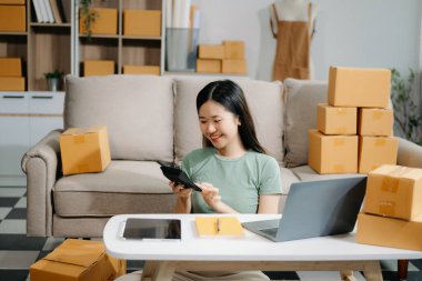 Başlangıçta küçük işletme KOBİ 'si, dizüstü bilgisayar kullanan girişimci sahibi, paket ürün kutusu hazırlamak için çevrimiçi alışveriş siparişi alan ve kontrol eden.