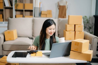 Başlangıçta küçük işletme KOBİ 'si, dizüstü bilgisayar kullanan girişimci sahibi, paket ürün kutusu hazırlamak için çevrimiçi alışveriş siparişi alan ve kontrol eden.