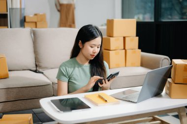 Başlangıçta küçük işletme KOBİ 'si, dizüstü bilgisayar kullanan girişimci sahibi, paket ürün kutusu hazırlamak için çevrimiçi alışveriş siparişi alan ve kontrol eden.