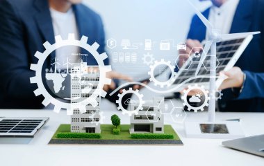 Business team working virtual modern smartphone to reduce CO2 emissions carbon footprint climate change to limit global warming.Sustainable development and green business concept. at offic