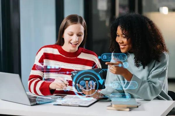 Businesswomen using chatbot on digital device, smart intelligence Ai.Chat with AI Artificial Intelligence, developed by Open AI generate. Futuristic technology, robot in online system